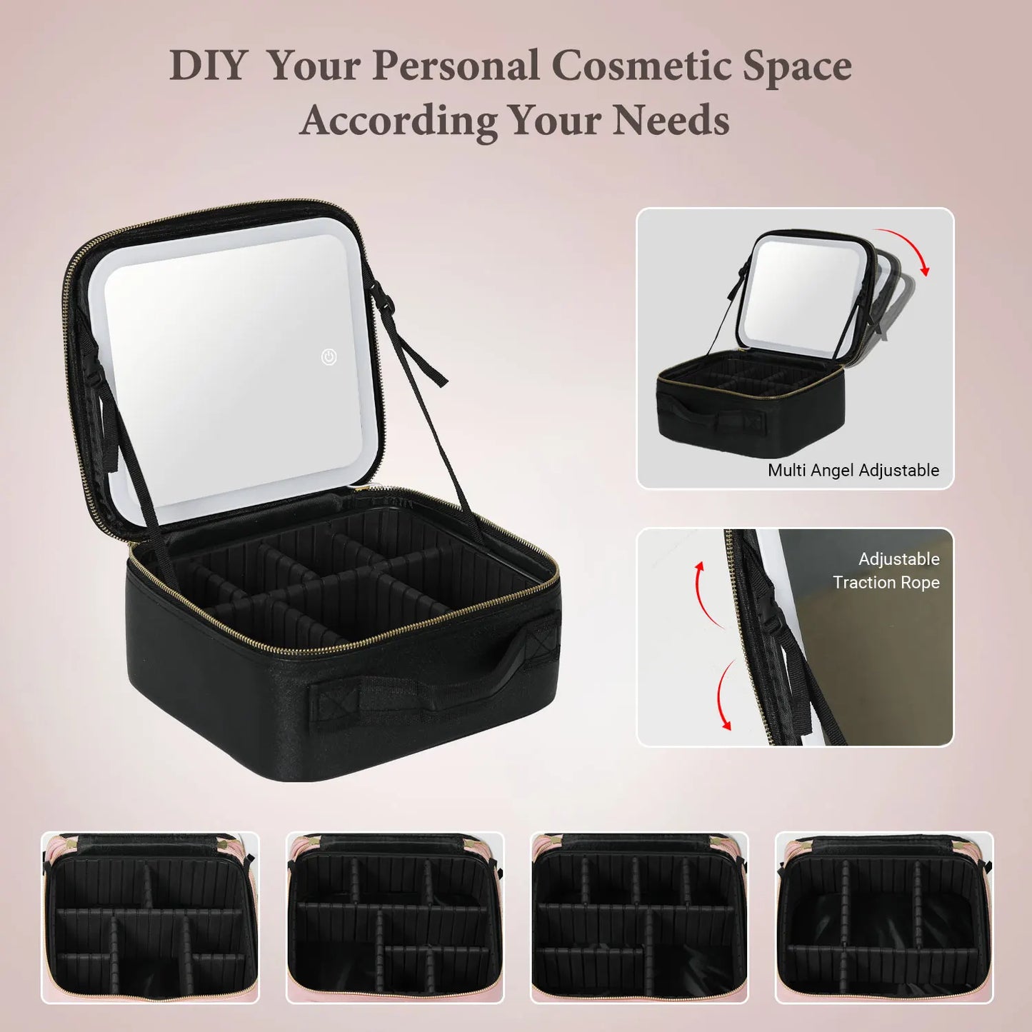 Trousse de maquillage de voyage avec miroir lumineux, étui de voyage de maquillage avec séparateurs réglables
