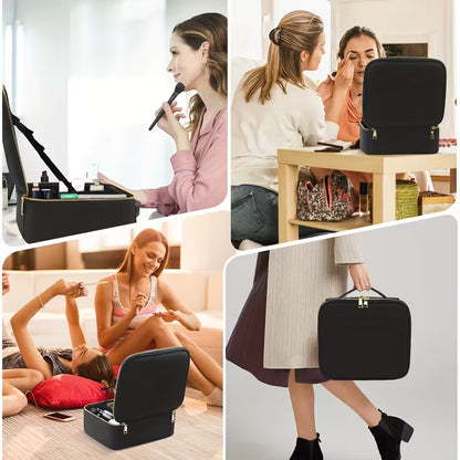 Trousse de maquillage de voyage avec miroir lumineux, étui de voyage de maquillage avec séparateurs réglables