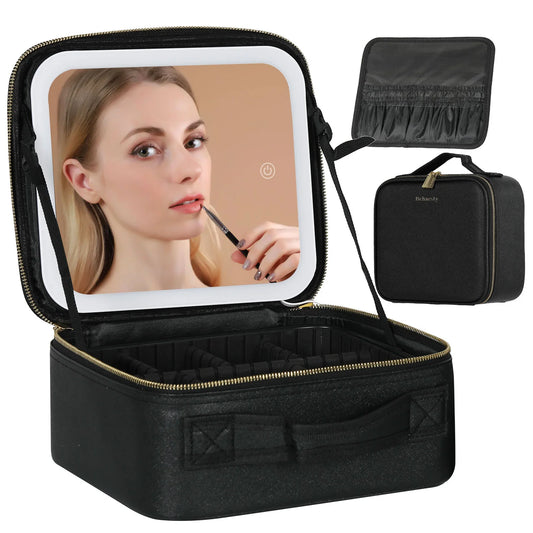 Trousse de maquillage de voyage avec miroir lumineux, étui de voyage de maquillage avec séparateurs réglables