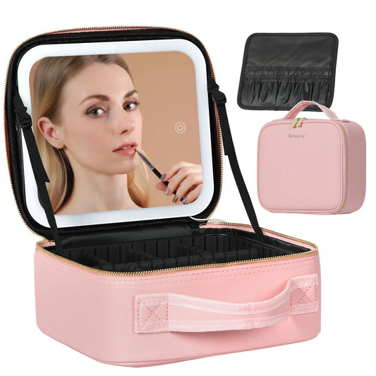Trousse de maquillage de voyage avec miroir lumineux, étui de voyage de maquillage avec séparateurs réglables