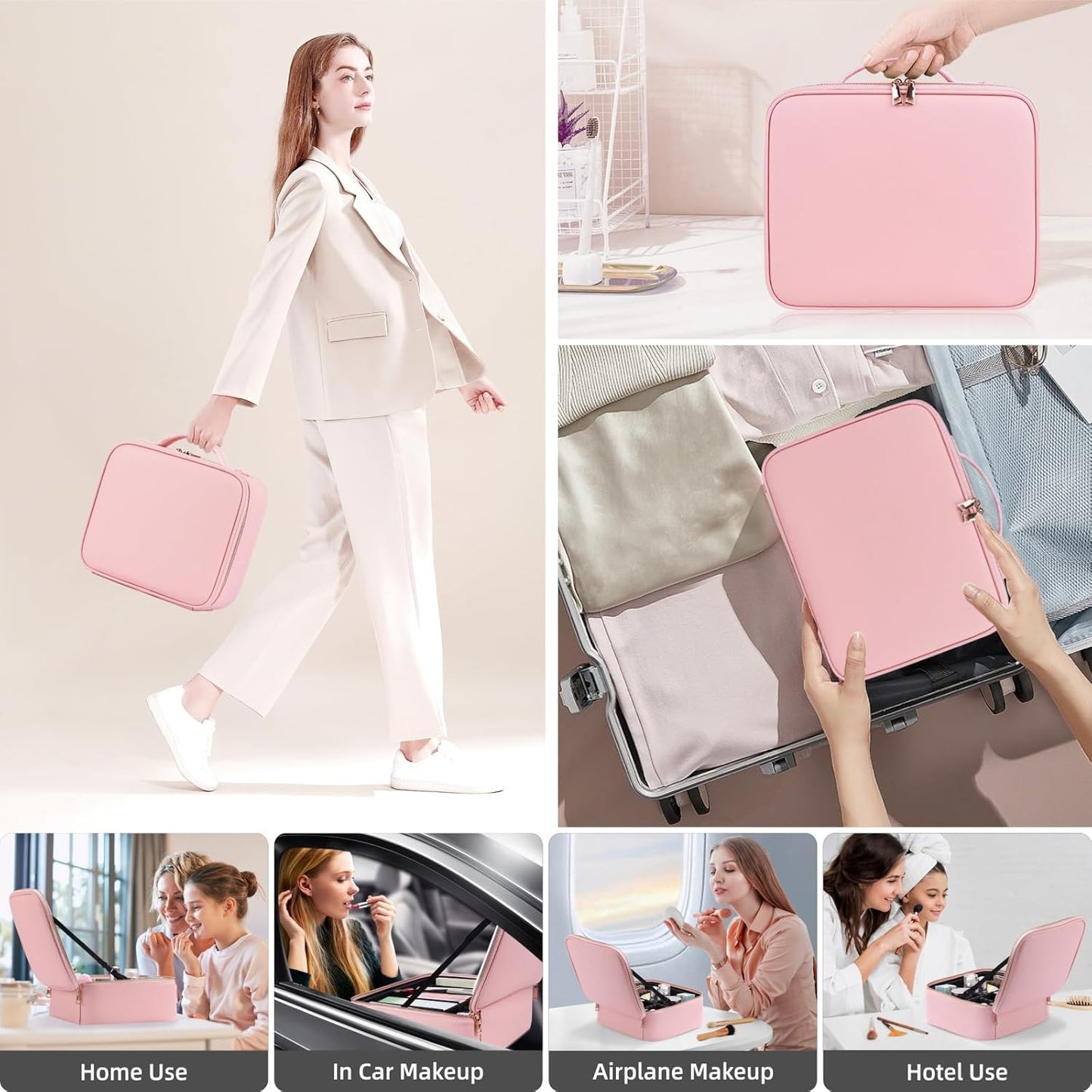 Trousse de maquillage de voyage avec miroir lumineux, étui de voyage de maquillage avec séparateurs réglables