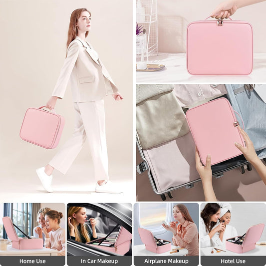 Trousse de maquillage de voyage avec miroir lumineux, étui de voyage de maquillage avec séparateurs réglables