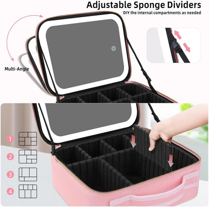 Trousse de maquillage de voyage avec miroir lumineux, étui de voyage de maquillage avec séparateurs réglables