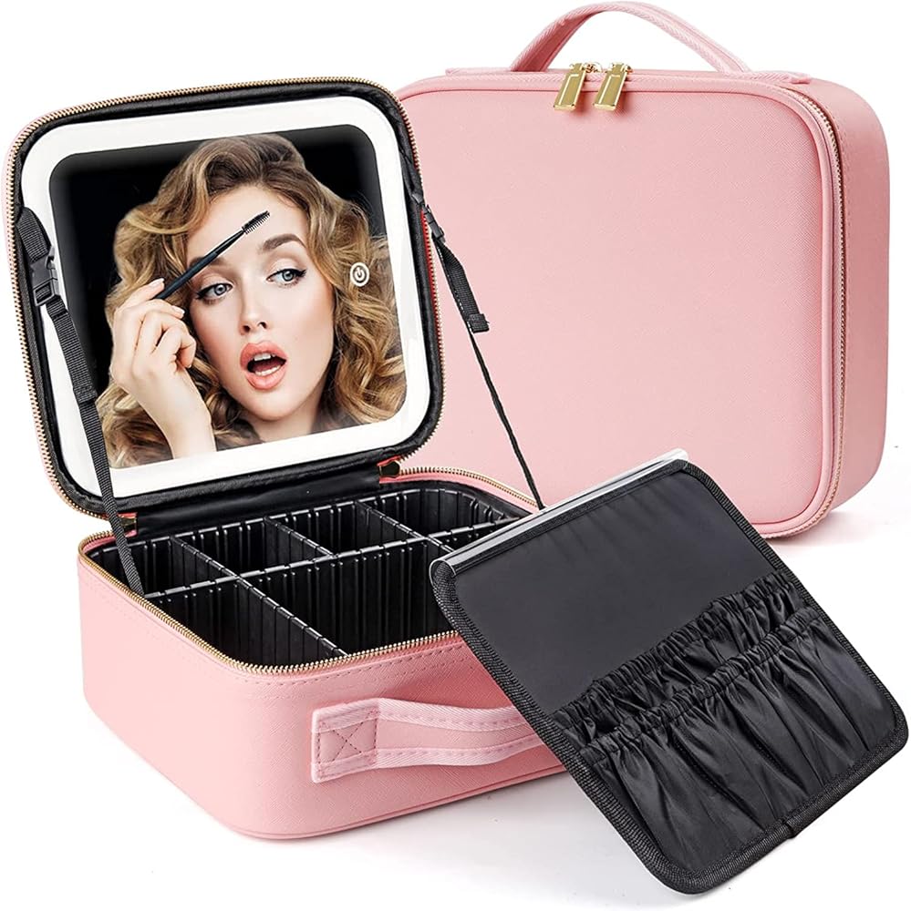 Trousse de maquillage de voyage avec miroir lumineux, étui de voyage de maquillage avec séparateurs réglables