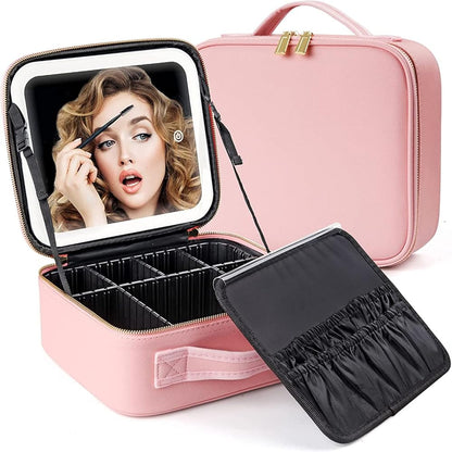 Trousse de maquillage de voyage avec miroir lumineux, étui de voyage de maquillage avec séparateurs réglables