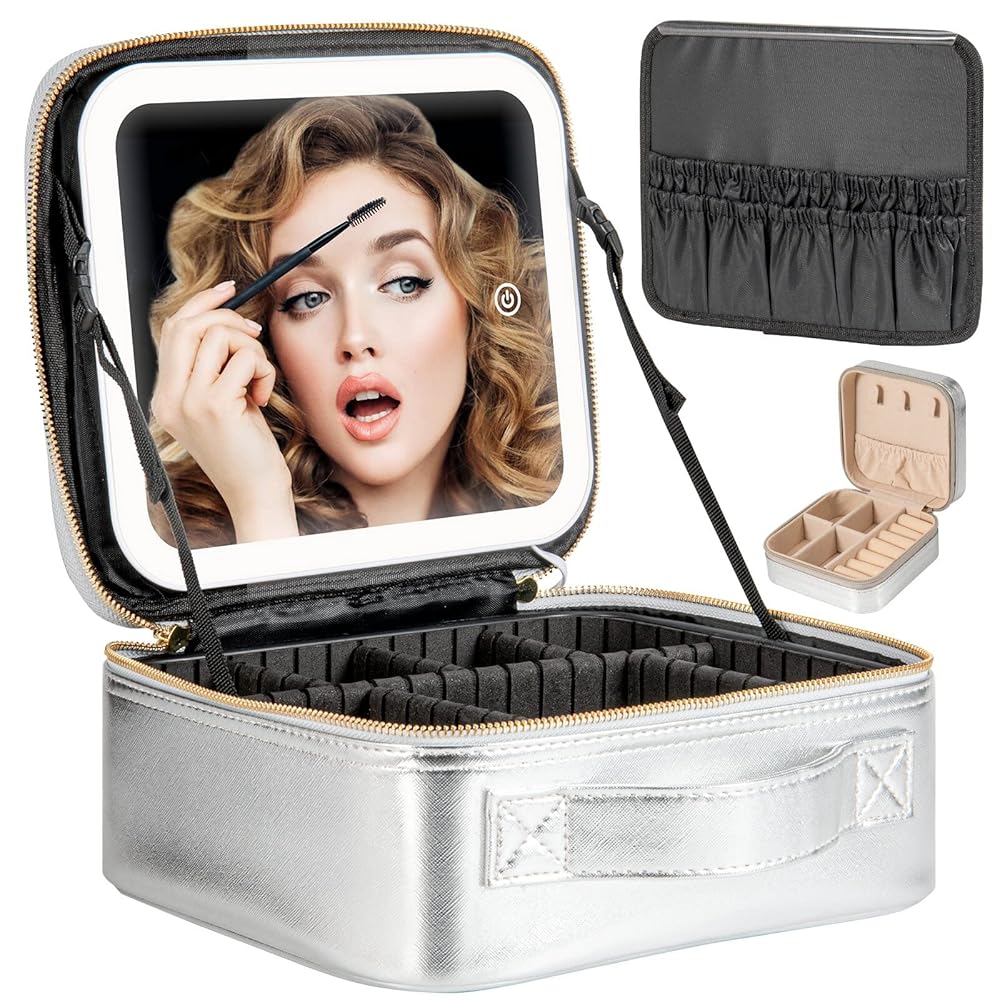 Trousse de maquillage de voyage avec miroir lumineux, étui de voyage de maquillage avec séparateurs réglables