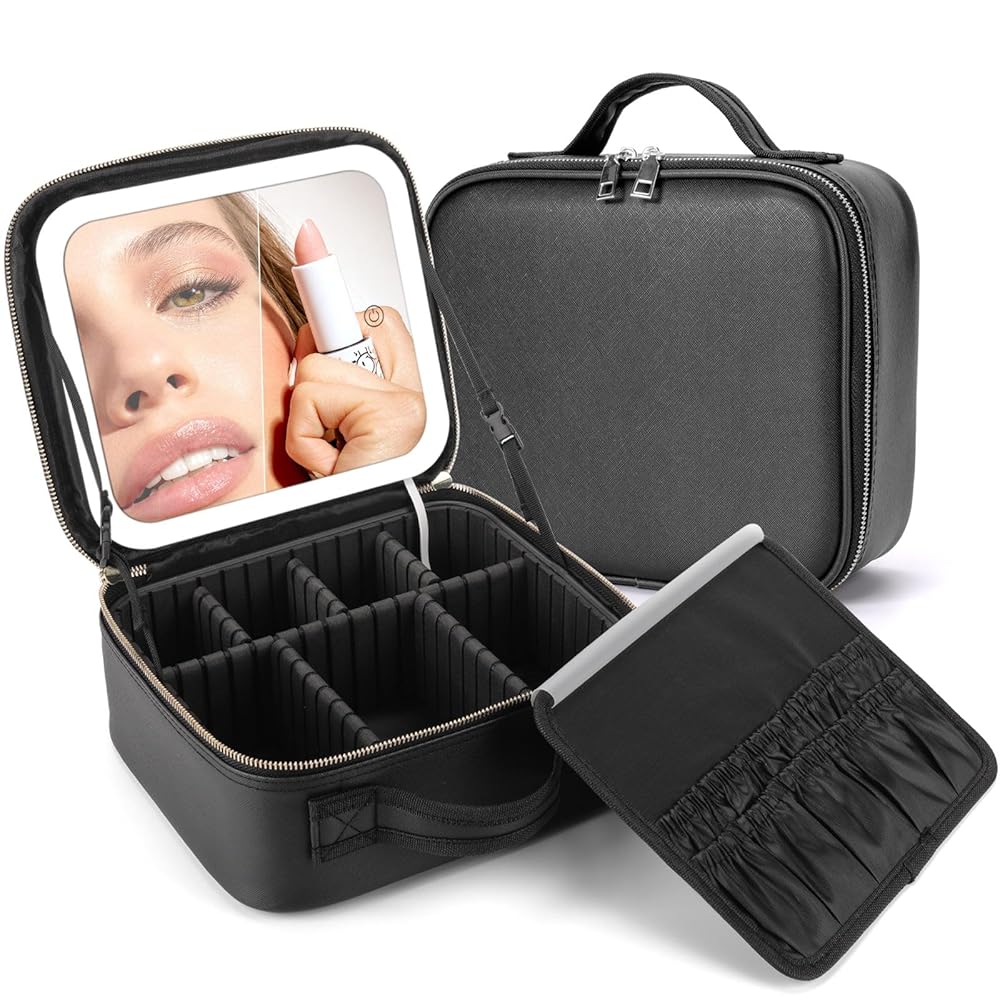 Trousse de maquillage de voyage avec miroir lumineux, étui de voyage de maquillage avec séparateurs réglables