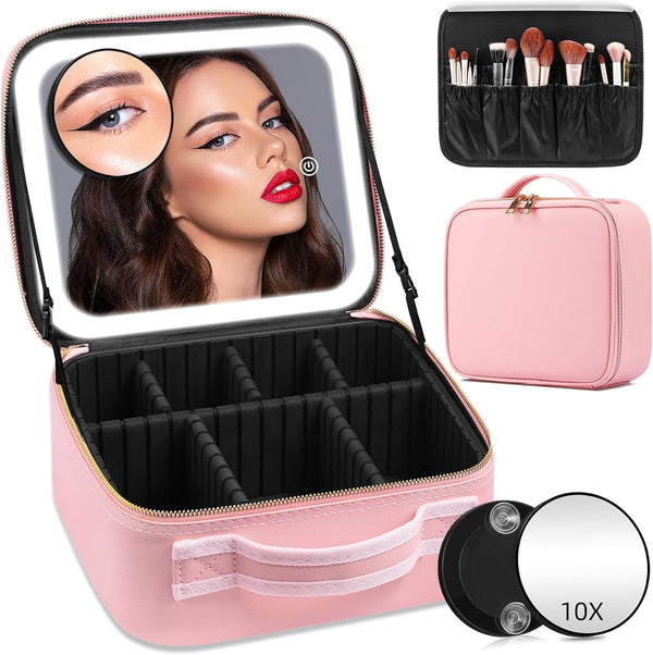 Trousse de maquillage de voyage avec miroir lumineux, étui de voyage de maquillage avec séparateurs réglables